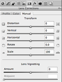 Панель Lens Correction / вкладка Manual.