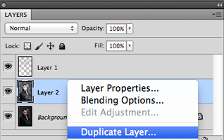 Пункт Duplicate Layer в меню палитры слоев Layers.