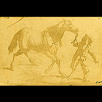 Фотокопия фламандской гравюры XVII века с изображением мальчика, ведущего за собой коня. 1825.